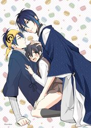  2boys annoyed arm_support bandana black_hair black_legwear blue_eyes blue_hair blush boy_sandwich casual clenched_hand commentary_request dual_persona eye_contact female female_saniwa_(touken_ranbu) food grey_eyes group_sex hair_bobbles hair_ornament hairband hand_on_another&#039;s_head hand_on_another&#039;s_thigh japanese_clothes kneehighs leaning_on_person long_hair long_sleeves looking_at_another macaron md5_mismatch mikazuki_munechika mmf_threesome multiple_boys namerakaweb patterned_background photoshop_(medium) sandwiched saniwa_(touken_ranbu) sayagata sitting socks straight tassel thighs threesome touken_ranbu turtleneck twintails twitter_username 