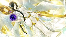  alice_soft angel aqua_eyes azuel black_hair breasts choukou_shinki_ixseal feathers game_cg glasses long_hair ponytail sword tagme_(artist) weapon wings 