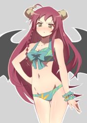  :&lt; ahoge bikini blush bow braid breasts broken_horn cleavage commentary_request demon_girl demon_wings female hand_on_own_hip hataraku_maou-sama! horns jewelry long_hair medium_breasts mushiboy navel red_hair ring role_reversal side_braid solo swimsuit thigh_gap wings yellow_eyes yusa_emi 