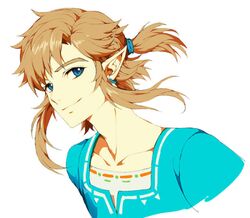  1boy blonde_hair blue_eyes blue_ribbon blue_shirt champion&#039;s_tunic_(zelda) closed_mouth collarbone commentary_request ear_piercing earrings hair_ribbon jewelry link long_hair looking_at_viewer male_focus muse_(rainforest) piercing pointy_ears ribbon shirt sidelocks simple_background smile solo the_legend_of_zelda the_legend_of_zelda:_breath_of_the_wild upper_body white_background 