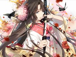  black_butterfly blue_eyes brown_hair bug butterfly covering_own_mouth drawing_sword fate_(series) female floral_print flower fukuda935 hair_flower hair_ornament hair_ribbon holding holding_sword holding_weapon japanese_clothes kara_no_kyoukai katana kimono long_hair ribbon ryougi_shiki ryougi_shiki_(third_ascension) sheath solo swallowtail_butterfly sword tassel unsheathing weapon white_butterfly 