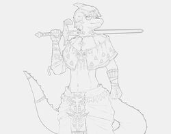  2023 anthro badfidhell benjamin_mcknight cavemanon_studios clothed clothing cosplay dinosaur extinct eyewear fingers glasses hadrosaurid hair hi_res i_wani_hug_that_gator long_tail male melee_weapon monochrome navel nintendo ornithischian ornithopod parasaurolophus prehistoric_species reptile scalie short_hair skimpy snout solo spikes spikes_(anatomy) sword tail tears_of_the_kingdom the_legend_of_zelda weapon 