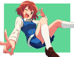  ;d bangs blue_skirt breasts brown_footwear buttons eyebrows_visible_through_hair female inokuma_youko kin-iro_mosaic loafers long_sleeves medium_breasts miniskirt oerba_yun_fang one_eye_closed open_mouth orange_eyes pleated_skirt red_hair sayshownen school_uniform shirt shoes short_hair simple_background skirt smile socks solo v white_background white_legwear white_shirt 