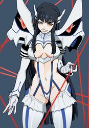  absurdres armor black_hair blue_eyes blush breasts contrapposto eyelashes female gloves groin highres hime_cut junketsu kill_la_kill kiryuuin_satsuki long_eyelashes long_hair looking_at_viewer navel pauldrons porqueloin revision shoulder_armor sidelocks skindentation smile smirk solo teeth thick_eyebrows thighhighs white_gloves 