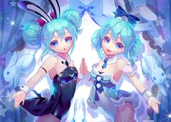  2girls :d animal_ears animal_print aqua_hair arm_strap bare_shoulders beckoning bicute_bunnies_miku black_leotard black_necktie blue_bow blue_eyes blush bow braid braided_bun breasts chestnut_mouth cleavage coattails commentary cowboy_shot curtains detached_collar detached_sleeves double_bun dual_persona ear_ribbon extra_ears eyelashes fake_animal_ears fishnet_pantyhose fishnets fur_trim hair_bun hatsune_miku highres kozou_kazaru lace_trim leotard looking_at_viewer medium_breasts multicolored_leotard multiple_girls necktie open_mouth outstretched_arm own_hands_clasped own_hands_together pantyhose playboy_bunny pom_pom_(clothes) rabbit rabbit_ears rabbit_print reaching reaching_towards_viewer sidelocks small_breasts smile sparkle star_(symbol) strapless strapless_leotard symmetrical_pose tail updo vocaloid white_background white_leotard wrist_cuffs 