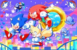  3boys :d aimf bird city flicky_(character) flicky_(series) furry furry_male gloves heavy_gunner_(sonic) knuckles_the_echidna male_focus multiple_boys open_mouth red_footwear ring_(sonic) robot shoes smile sneakers sonic_(series) sonic_mania sonic_the_hedgehog sonic_the_hedgehog_(classic) tails_(sonic) white_gloves 