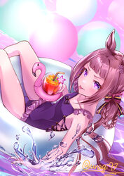  :p absurdres animal_ears blush bow breasts brown_hair casual_one-piece_swimsuit collarbone cup drinking_straw feet_out_of_frame female hair_rings hairbow highres holding holding_cup horse_ears horse_girl innertube long_hair looking_at_viewer official_alternate_costume one-piece_swimsuit purple_eyes purple_one-piece_swimsuit sitting small_breasts sodemaru_unagi solo splashing sweep_tosho_(monopolizing_the_chill?)_(umamusume) sweep_tosho_(umamusume) swim_ring swimsuit tongue tongue_out twintails twitter_username umamusume water 