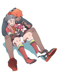  2boys :d black_footwear closed_eyes collared_shirt commentary_request dark-skinned_male dark_skin dynamax_band gloves green_eyes grey_hair headband highres holding holding_phone hood hoodie kabu_(pokemon) kneehighs knees male_focus multiple_boys nyoripoke open_mouth orange_headband phone pokemon pokemon_swsh raihan_(pokemon) red_footwear red_shirt red_socks rotom rotom_phone shirt shoes short_hair shorts simple_background single_glove sitting smile socks towel towel_around_neck undershirt white_background white_shorts 