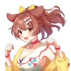  :3 :d alternate_hairstyle animal_collar animal_ears armpit_crease armpit_peek ayame_(3103942) blush bone_hair_ornament bow bracelet braid breasts brown_eyes brown_hair buttons cartoon_bone cleavage clenched_hands collar collarbone dog_ears dog_girl dog_tail dress fangs female hair_between_eyes hair_ornament hair_ribbon hairclip half_updo highres hololive inugami_korone inugami_korone_(1st_costume) jacket jewelry long_hair looking_at_viewer medium_breasts off_shoulder open_mouth ponytail red_bow red_collar ribbon side_braid sideboob simple_background smile solo tail upper_body v-shaped_eyebrows virtual_youtuber w_arms white_background white_dress wristband yellow_jacket 