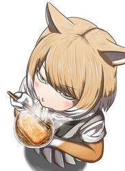  aburaage animal_ears bodystocking bowl chopsticks commentary_request cup_ramen donbei_kitsune_udon eating female food fox_ears from_above fur_collar grey_skirt grey_vest hands_up holding holding_chopsticks instant_udon jitome kemono_friends light_brown_hair mafty medium_hair multicolored_hair nissin_donbei pleated_skirt short_sleeves simple_background skirt solo standing steam swept_bangs tibetan_fox_(kemono_friends) two-tone_hair vest white_background white_hair yellow_eyes 