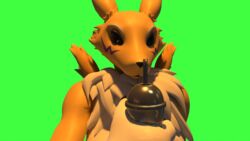  3d_(artwork) absurd_res anthro bandai_namco beverage blender_(artwork) blender_cycles canid digimon digimon_(species) digital_media_(artwork) female green_background grimace_shake hi_res holding_object looking_at_object mammal mark6o9 mcdonald&#039;s meme renamon simple_background solo warfare_machine warfare_renamon 