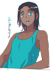  1boy alternate_costume bare_arms black_hair commentary_request dark-skinned_male dark_skin earrings green_eyes green_pupils green_shirt highres jewelry looking_at_viewer male_focus medium_hair mouth_hold nyoripoke pokemon pokemon_swsh raihan_(pokemon) shirt sleeveless sleeveless_shirt solo teeth translation_request upper_body 