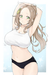  armpits arms_behind_head blue_background blush breasts brown_hair cowboy_shot female foifoi_(marfoyfoyfoy) food-themed_hair_ornament green_eyes hair_ornament highres large_breasts long_hair looking_at_viewer navel original pineapple-chan_(foifoi) pineapple_hair_ornament short_shorts shorts solo tank_top white_background white_tank_top 