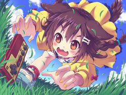  :3 aki_(akisora_hiyori) animal_ears blue_sky blush bone_hair_ornament braid brown_eyes brown_hair cartoon_bone claw_pose commentary_request controller dog_ears dog_girl dog_tail dress famicom_gamepad fangs female fingernails game_controller grass hair_between_eyes hair_ornament hairclip hololive inugami_korone inugami_korone_(1st_costume) jacket long_hair loose_socks low_twin_braids low_twintails nail_polish open_mouth outdoors pouncing red_socks running shoes sky smile sneakers socks solo tail twin_braids twintails virtual_youtuber white_dress wristband yellow_jacket yellow_nails 