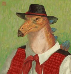  2023 anthro beak black_clothing black_hat black_headwear blue_spines brown_eyes bust_portrait clothed clothing cowboy cowboy_hat digital_media_(artwork) digital_painting_(artwork) dinosaur dyna_soar extinct farmer folk_clothes france green_background hat headgear headwear hi_res impressionist_background kerchief looking_at_viewer male markings neckerchief orange_body orange_markings ornithischian plates_(disambiguation) pointillism portrait post-impressionism prehistoric_species rancher red_clothing red_kerchief red_neckerchief red_topwear red_vest reptile scalie shirt signature simple_background solo spines stegosaurian stegosaurus three-quarter_portrait thyreophoran topwear traditional_dress vest white_clothing white_shirt white_topwear 