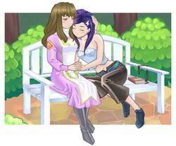  2girls artist_request black_hair blue_hair blush breasts brown_eyes brown_hair bush closed_eyes crop_top long_hair long_sleeves midriff multiple_girls my-otome natsuki_kruger navel on_bench purple_hair shizuru_viola smile source_request yuri 