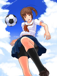  :d aihara_kaichi bad_id bad_pixiv_id ball bike_shorts bike_shorts_under_skirt black_shorts black_socks blue_skirt blue_sky breasts brown_footwear cloud cloudy_sky cross-laced_footwear day female from_below kibina_high_school_uniform kimi_kiss kneehighs neckerchief open_mouth outdoors pleated_skirt ponytail red_neckerchief sailor_collar sakino_asuka school_uniform serafuku shoes short_sleeves shorts sidelocks skirt sky small_breasts smile soccer_ball socks solo telstar 