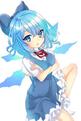  blue_bow blue_dress blue_eyes blue_hair bow breast_hold breasts cirno commentary_request crossed_arms dress female highres lips looking_at_viewer negiko open_mouth parted_lips partial_commentary red_ribbon ribbon short_hair solo touhou 