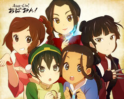  5girls avatar:_the_last_airbender avatar_legends azula bad_id bad_pixiv_id black_hair blue_eyes blush braid brown_eyes brown_hair copyright_name element_bending jewelry k-on! katara knife long_hair looking_at_viewer mai_(avatar) multiple_girls necklace open_mouth parody round_teeth short_hair single_braid smile style_parody t_k_g teeth toph_bei_fong ty_lee unworn_jewelry unworn_necklace yellow_eyes 