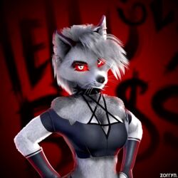  1:1 2020 3d_(artwork) 3d_animation angry animated anthro big_breasts bottomwear breast_jiggle breasts canid canid_demon canine clothing demon digital_media_(artwork) eye_roll fangs female grumpy hellhound helluva_boss inverted_pentagram jiggling legwear loona_(helluva_boss) loona_(zorryn) mammal mythological_canine mythological_creature mythology occult_symbol pentagram red_sclera short_playtime shorts shoulderless_shirt simple_background solo symbol teeth torn_clothing whiskers zorryn 