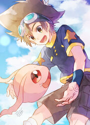  1boy :d blue_shirt brown_eyes brown_hair brown_shorts cloud day digimon digimon_(creature) digimon_adventure goggles goggles_on_head konagonana koromon lens_flare long_hair open_mouth outdoors shirt shorts smile t-shirt wristband yagami_taichi 