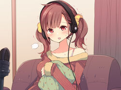  asakai_mocchinu blush bra_strap breasts brown_hair cable collarbone commentary_request couch cushion female fur-trimmed_sweater fur_trim hair_ornament hair_scrunchie hand_up happy headphones holding_cushion indoors livestream looking_at_viewer medium_breasts medium_hair microphone off-shoulder_sweater off_shoulder on_couch open_mouth original red_eyes red_sweater ribbed_sweater scrunchie single_bare_shoulder sitting sleeves_past_wrists smile solo sweat sweater textless_version trembling twintails upper_body yellow_scrunchie 