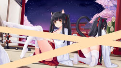  2girls :o all_fours allenes azur_lane bamboo black_hair blue_eyes blush bow brown_eyes censored cherry_blossoms commentary_request flower hairbow hatsuharu_(azur_lane) japanese_clothes kadomatsu katana kimono knees_up long_hair long_sleeves looking_at_viewer looking_back miko multiple_girls night night_sky no_shoes one_side_up parted_lips pink_flower pleated_skirt red_bow red_skirt sheath sheathed sitting skindentation skirt sky soles star_(sky) starry_sky sword thighhighs tree very_long_hair weapon white_kimono white_thighhighs wide_sleeves yuugure_(azur_lane) 