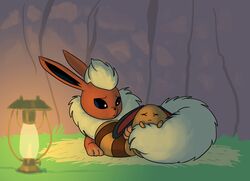  2018 absurd_res arth_the_flareon brown_body brown_fur brown_paws canid canine carniscorner closed_eyes colored duo ears_down eeveelution female feral flareon fluffy fluffy_fur fluffy_tail fur generation_1_pokemon generation_2_pokemon grass hay hi_res lamp lantern lying male male/female mammal mouth_closed nintendo orange_paws paws pivoted_ears plant pokemon pokemon_(species) pressing pressing_against red_body red_fur red_paws rock rock_wall ruff sentret shaded shiny_pokemon sitting socks_the_sentret tail tail_grab worried 