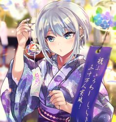  animal_print blowing blue_eyes blue_kimono blue_nails commentary earbuds earphones earrings female fish_print floral_print goldfish_print grey_hair highres japanese_clothes jewelry kimono light_particles light_rays milestone_celebration obi original otomore_(shashaki) sash shashaki short_hair sidelocks solo stud_earrings translated wind_chime yukata 