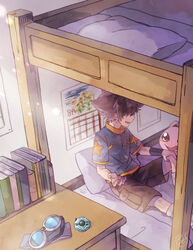  1boy bed bedroom blue_shirt brown_hair brown_shorts digimon digimon_(creature) digimon_adventure digivice from_above hair_over_eyes hand_on_own_knee indoors konagonana koromon long_hair open_mouth pillow shirt short_sleeves shorts sitting star_(symbol) star_print yagami_taichi 