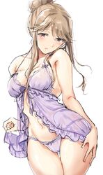  bare_shoulders blush breasts brown_eyes brown_hair cleavage closed_mouth collarbone commentary cowboy_shot dot_nose female hair_bun hand_on_own_hip highres holding idolmaster idolmaster_million_live! idolmaster_million_live!_theater_days kuguri_oimo long_hair looking_at_viewer medium_breasts midriff navel negligee panties parted_lips purple_negligee purple_panties see-through sidelocks simple_background single_hair_bun solo standing tenkubashi_tomoka underwear white_background 