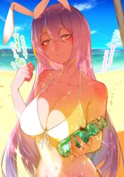  animal_ears bad_id bad_pixiv_id beach bikini blue_sky breasts cleavage cloud day female front-tie_bikini_top front-tie_top highres horizon konpaku_youmu large_breasts light_smile long_hair looking_at_viewer navel ocean outdoors rabbit_ears ramune reisen_udongein_inaba sand shore sky soku_(bluerule-graypray) solo swimsuit touhou translation_request very_long_hair water 