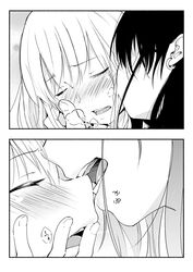  2girls biting blush close-up closed_eyes commentary_request ear_piercing eyebrows_visible_through_hair greyscale heavy_breathing highres kissing kissing_cheek monochrome multiple_girls nose_bite original parted_lips piercing teeth tongue upper_teeth yui_7 yuri 