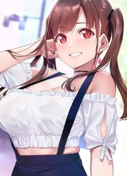  black_choker blurry blurry_background blush breasts brown_hair choker cleavage commentary_request earrings female highres idolmaster idolmaster_shiny_colors jewelry large_breasts long_hair looking_at_viewer off-shoulder_shirt off_shoulder parted_lips shirt smile solo sonoda_chiyoko suspenders tomohiro_kai twintails white_shirt 