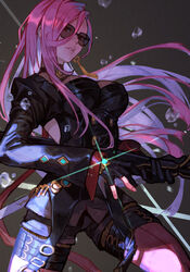  black_gloves black_jacket black_pants breasts dnf_duel dungeon_and_fighter female female_slayer_(dungeon_and_fighter) gloves gun hair_between_eyes hungry_clicker jacket katana large_breasts long_hair long_sleeves looking_at_viewer pants parted_lips pink_hair solo spectre_(dungeon_and_fighter) sunglasses sword thighs tinted_eyewear weapon 