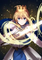  ahoge armor armored_dress artoria_pendragon_(fate) blonde_hair blue_cape blue_dress blue_eyes braid braided_bun cape commentary_request crown dress excalibur_(fate/stay_night) fate/stay_night fate_(series) female fur_trim gauntlets hair_between_eyes hair_bun hair_ribbon holding holding_sword holding_weapon k-rumi looking_at_viewer ribbon saber_(fate) sidelocks solo standing sword weapon 