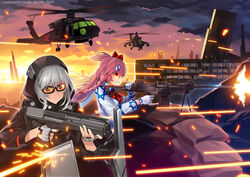  2girls absurdres aircraft bow braid broken_window building bullpup cloud commentary_request fingerless_gloves firing girls&#039;_frontline gloves gun hair_ornament hair_ribbon hairbow hairclip helicopter hexagram highres hood hoodie imi_negev jacket kel-tec_ksg ksg_(girls&#039;_frontline) light_machine_gun long_hair looking_to_the_side mi-24 mk_(lazymk) multiple_girls negev_(girls&#039;_frontline) photoshop_(medium) pink_hair pump_action red_bow red_eyes ribbon sandbag sh-60_seahawk shield shield_module shotgun sky smile star_of_david sunglasses under_fire weapon white_gloves white_hair window 