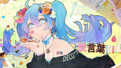  39 :o ahoge ai_kotoba_iii_(vocaloid) bandaid bandaid_on_face bare_shoulders black_sweater blowing blue_bow blue_eyes blue_flower blue_hair blue_nails blush bow bow_choker casual clothes_writing clover clover_(flower) commentary creator_name crescent_moon daisy eighth_note female flower fork four-leaf_clover gradient_hair hair_between_eyes hair_flower hair_ornament hassan_(sink916) hatsune_miku heart heart_necklace heart_of_string holding jewelry long_hair long_sleeves looking_at_viewer lying moon multicolored_hair multicolored_nails musical_note nail_polish necklace number_tattoo off-shoulder_sweater off_shoulder official_art on_stomach orange_flower orange_rose own_hands_together paper parted_lips pendant pentagram petals pink_flower pink_hair pink_nails red_flower red_ribbon red_rose ribbon rose shorts shoulder_tattoo solo song_name splatter string string_of_fate sweater tattoo translated twintails vocaloid white_flower yellow_shorts 