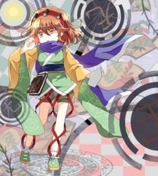  1other androgynous bow hairband japanese_clothes kijipoko len&#039;en notebook orange_eyes orange_hair other_focus scarf short_hair shorts solo zuifeng_tenkai 