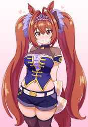  ahoge animal_ears arms_behind_back bad_id bad_pixiv_id belt belt_buckle blush breasts brown_hair buckle choker closed_mouth collarbone cowboy_shot curvy daiwa_scarlet_(umamusume) denim denim_shorts female hair_intakes halterneck heart horse_ears horse_girl horse_tail jewelry large_breasts long_hair looking_at_viewer midriff_peek navel pendant pendant_choker pink_background randou red_eyes see-through see-through_sleeves short_shorts short_sleeves shorts simple_background smile solo sweatdrop tail thick_thighs thighs tiara twintails umamusume very_long_hair 