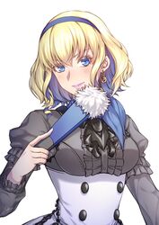  blonde_hair blue_eyes blue_hairband closed_mouth colored_inner_hair commentary_request constance_von_nuvelle earrings female fire_emblem fire_emblem:_three_houses garreg_mach_monastery_uniform hairband hand_fan highres holding jewelry lipstick long_sleeves makeup multicolored_hair purple_hair purple_lips short_hair sieka_(piiroinardesco) solo two-tone_hair uniform upper_body 