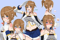  :d arm_up azur_lane bare_shoulders blue_background blue_capelet blue_eyes blue_skirt blush breasts brown_hair capelet closed_mouth collarbone commentary cowboy_shot criss-cross_halter crop_top detached_sleeves en_go_(kuro_nigiri) female full-face_blush gloves groin hair_between_eyes halterneck hands_up hat heart heart-shaped_pupils highres jewelry large_breasts looking_at_viewer looking_away midriff mini_hat miniskirt multiple_views navel nose_blush open_mouth pleated_skirt ponytail progression repulse_(azur_lane) ring salute shirt short_hair sidelocks simple_background skirt sleeveless sleeveless_shirt smile standing symbol-shaped_pupils upper_body wavy_mouth wedding_ring white_gloves white_shirt white_sleeves 