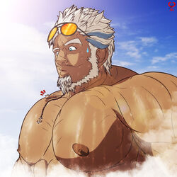  1boy aegir_(housamo) alternate_facial_hair anchor_earrings aqua_hair bara beard blue_eyes dark-skinned_male dark_skin earrings english_commentary facial_hair from_side giant giant_male jewelry large_pectorals leomon32 male_focus mature_male multicolored_hair muscular muscular_male nipples nude pectoral_focus pectorals ship short_hair single_earring solo streaked_hair sunglasses sweatdrop thick_eyebrows tokyo_afterschool_summoners upper_body watercraft white_hair 