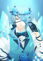  1boy absurdres bill_cipher black_bow black_bowtie black_gloves blue_background blue_eyes blue_flower blue_gemstone blue_hair blue_rose blue_theme blue_vest bow bowtie collared_shirt cracked_skin cross cross_earrings crystal damaged earrings eyelashes fingernails flower flower_over_eye gem gloves gravity_falls hair_flower hair_ornament hair_over_shoulder hairbow half_gloves hand_up head_wreath highres houseki_no_kuni ice jewelry lapels long_hair looking_away male_focus one_eye_covered parody personification pointy_ears reverse_falls_(gravity_falls) rjun1431 rose shards sharp_fingernails shirt single_earring solo tentacle tentacles_under_clothes thorns torn_clothes torn_shirt traditional_bowtie upper_body vest white_shirt will_cipher 