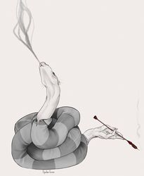  4_fingers alien all_tomorrows cigarette_holder clothing epsilongruis fingers genetically_modified hi_res monochrome one_hand posthuman signature simple_background smoking snake_person_(all_tomorrows) tail tail_hand unusual_anatomy unusual_tail 