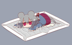  animal_ears blue_shirt commentary empty_eyes female full_body glue_trap grey_background grey_hair hair_between_eyes hair_bun hair_ornament highres long_hair long_sleeves mouse_ears mouse_girl mouse_tail naga_u nezumimi-chan_(naga_u) no_shoes original pantyhose pleated_skirt purple_eyes purple_skirt shaded_face shirt simple_background single_hair_bun skirt sleeves_past_fingers sleeves_past_wrists solo sticky stuck tail white_pantyhose 