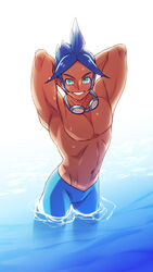  1boy aqua_eyes arms_behind_head blue_hair commentary_request goggles goggles_around_neck highres looking_at_viewer male_focus marlon_(pokemon) momoji_(lobolobo2010) muscular muscular_male navel parted_lips pectorals pokemon pokemon_bw2 ripples skin_tight smile solo tan teeth topless_male wading water 