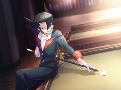  1boy aiming ball black_hair buttons commentary_request cue_stick grimsley_(pokemon) hair_between_eyes highres holding holding_cue_stick indoors jacket long_sleeves male_focus momoji_(lobolobo2010) pants parted_lips pokemon pokemon_bw sitting sitting_sideways solo wooden_floor 