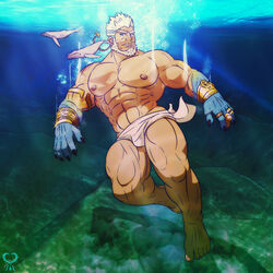  1boy abs aegir_(housamo) aqua_hair armlet bara beard blue_eyes bracelet bulge dark-skinned_male dark_skin english_commentary facial_hair fingernails fins fish_boy freediving full_body giant giant_male gold jewelry large_pectorals leomon32 loincloth looking_at_viewer male_focus mature_male multicolored_hair multiple_rings muscular muscular_male navel nipples pectorals ring sharp_fingernails short_hair solo stomach streaked_hair thick_thighs thighs tokyo_afterschool_summoners topless_male underwater white_hair 