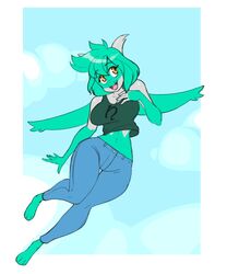  2019 5:6 alternate_color anthro anthrofied blue_hair breasts clothed clothing cool_colors digital_media_(artwork) female generation_3_pokemon green_theme hair hi_res latios legendary_pokemon nintendo open_mouth pokemon pokemon_(species) pokemorph rayna_(lutnut215) shiny_pokemon skecchiart smile solo teal_theme 